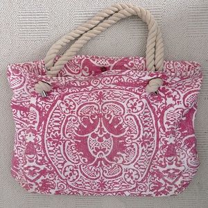 Donna Dixon Pink and White Oversized Patterned Tote Bag w/ Woven Rope Handles